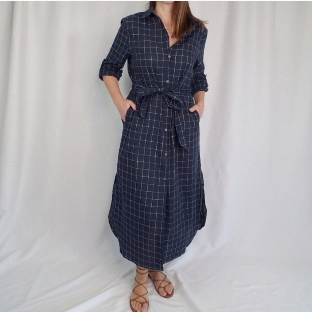 Dress Forum Navy Blue and White Windowpane Midi Shirt Dress Size Small - Picture 2 of 5